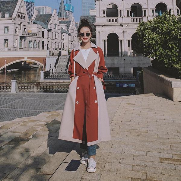 

women's trench coats coat spring autumn double-breasted super long ladies cloak loose stitching 100% cotton lining windbreaker female, Tan;black
