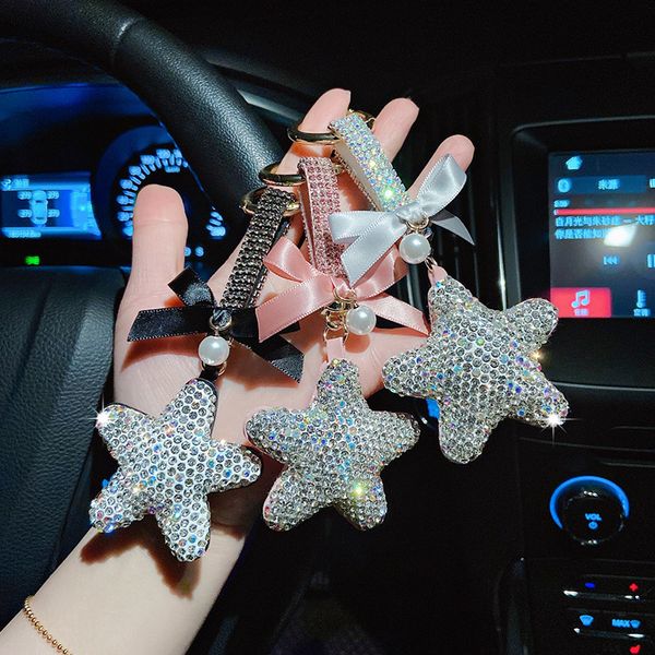 

korean bowknot with diamond five pointed star pendant creative full of diamond star car key chain gift bag pendant, Silver