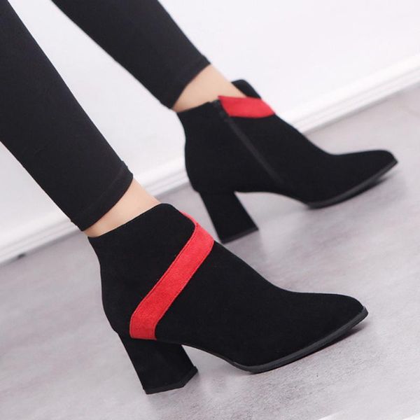 

boots 2021 thick with high-heeled women's ankle pointed toe warm suede bare fashion mixed colors lady, Black