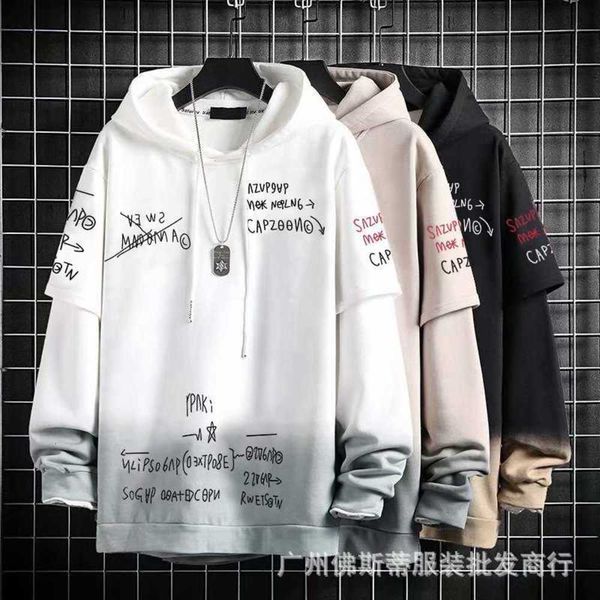

fashion hoodies hooded pullover youth casual jacket men's loose trend brand fake two-piece, Black