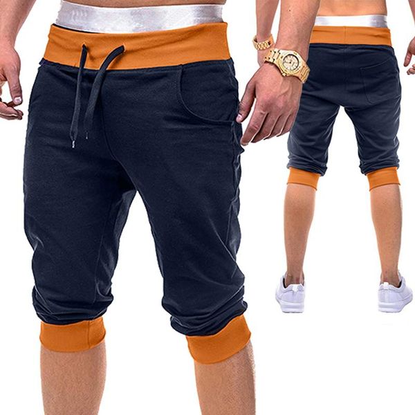 

men's pants large size drawstring waist screw stitching running gym hit color sports shorts cropped, Black