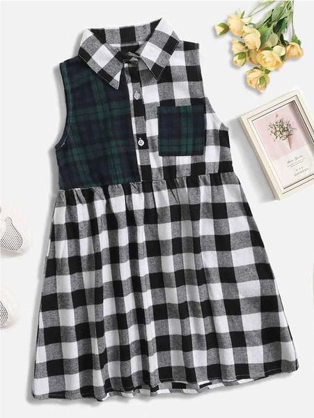 

girls buffalo plaid & tartan print patched pocket dress she, Red;yellow