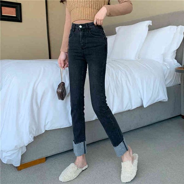 

jxmyy fashion casual retro high waist slimming self-heating stretch denim straight-leg pants plus velvet pipe trousers 210412, Blue