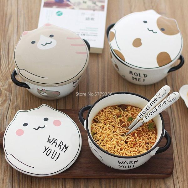 

cute cat pattern ceramic instant noodle bowl fruit salad with lid soup anti-scalding ramen kitchen tableware bowls