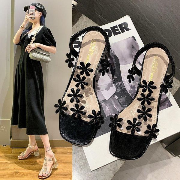 

sandals 2021 women casual fashion crystal floral transparent flowers bohemian style shoes, Black