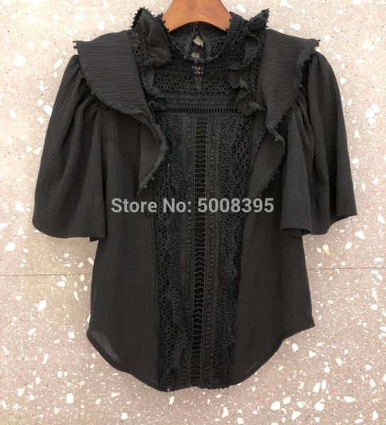 

women's blouses & shirts [elfstyle] - woman white black ruffled blouse high neck guipure-lace front back panels pompom-trimmed ruffles