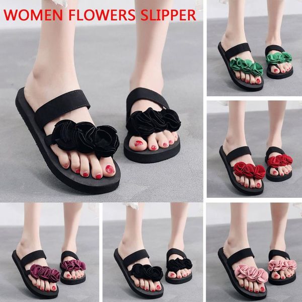 

women slippers ladies summer all-match beach comfortable breathable flowers non-slip sandals home slipper flip-flops flat shoes, Black