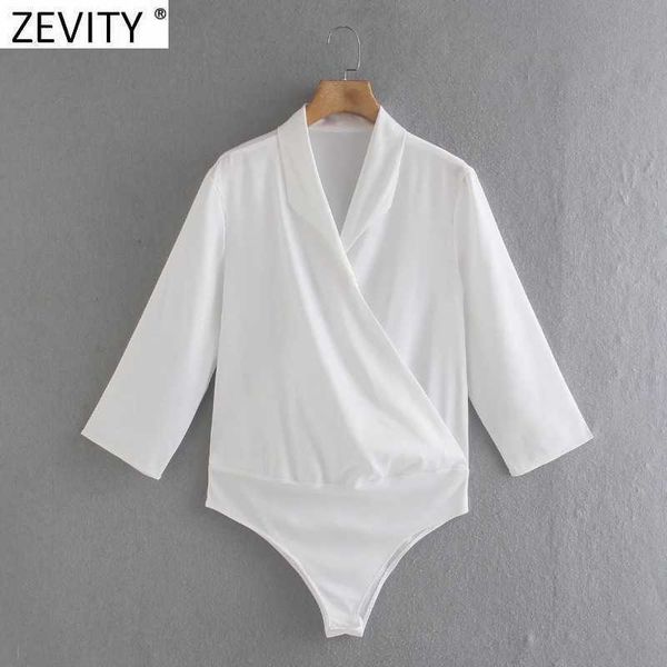 

zevity women vintage cross v neck soft satin bodysuits office ladies office wear patchwork siamese chic slim rompers ds8211 210603, Black;white
