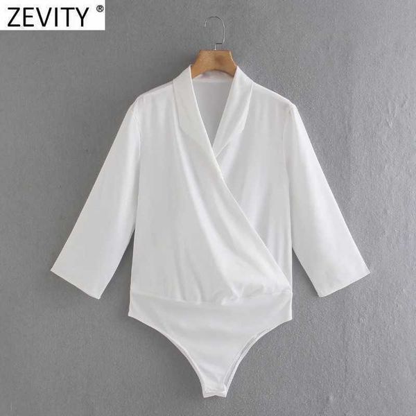 Zevity Frauen Vintage Kreuz V-ausschnitt Weiche Satin Bodys Büro Damen Büro Tragen Patchwork Siamese Chic Schlank Strampler DS8211 210603