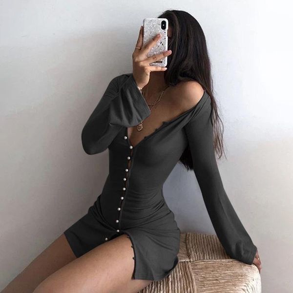 

casual dresses 2021 summer autumn women long sleeve mini shirt dress button u neck waist collection blouses sexy, Black;gray