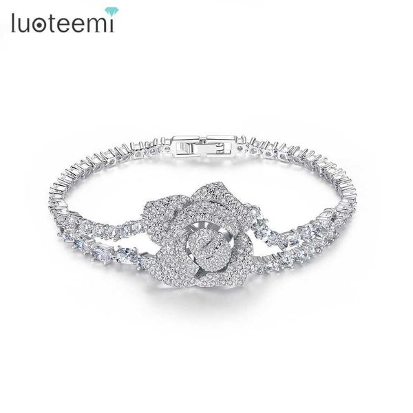 

luoteemi luxury big rose flower chain link bracelet for women ladies shining aaa cubic zircon crystal jewelry gift bangles q0720, Black