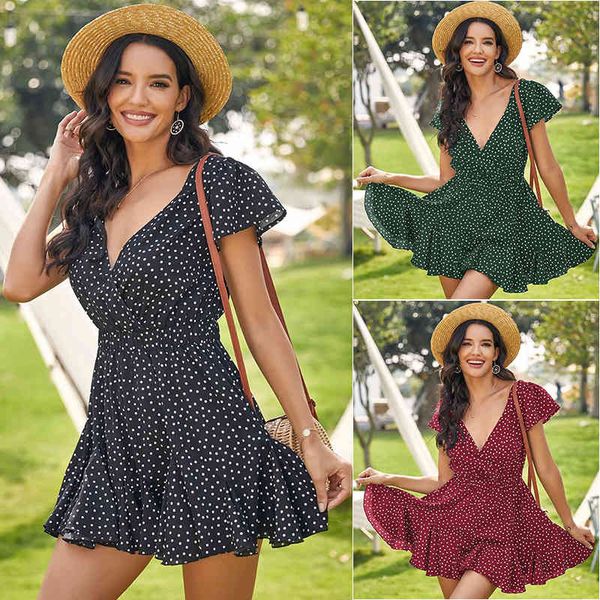 

polka 2021 summer new women's v-neck short sleeve dot dress, White;black