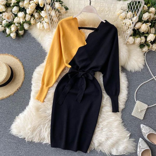 

autumn elegant sashes v neck knit dress women backless long sleeve sweater ladies bodycon short casual dresses, Black;gray