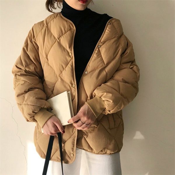 

women winter korean parkas o neck argyle single breasted full pockets loose casual simple warm wild coats k4087 210531, Black