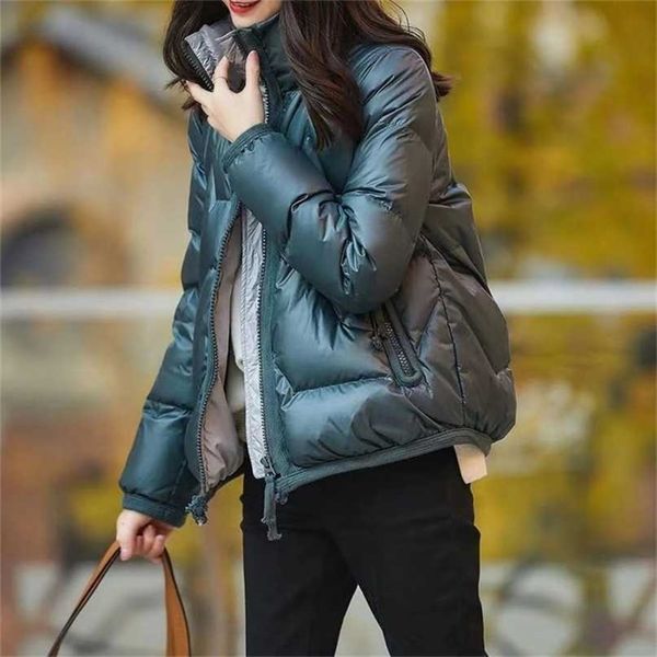 

women's short cotton-padded jacket shiny cotton down padded pocket keep warm korean style loose stand collar thick coat 211216, Black
