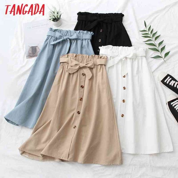 

women summer khaki midi skirt with slash vintage strethy waist ladies chic mid calf skirts 5n01 210416, Black