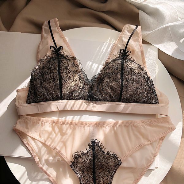 

bra set french lace suit underwear girl student super thin, Red;black