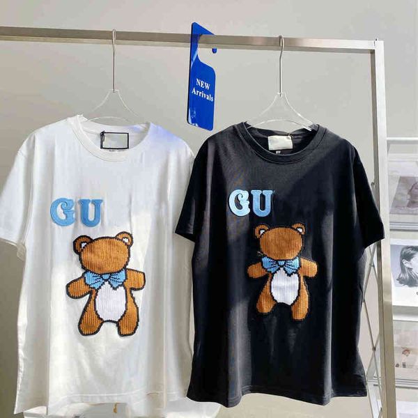 

2022 factory wholesale new fashion bear cross stitch short sleeve t-shirt female summer letter embroidery loose star same t-shirt a1, White