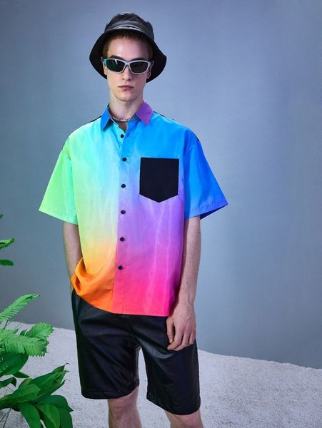 

men ombre pocket patched shirt t7cr#, White;black