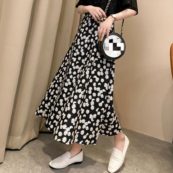 

skirts summer 2021 skirt geometric flower printed faldas ladies high waist a-line elegant midi mujer plus size female, Black