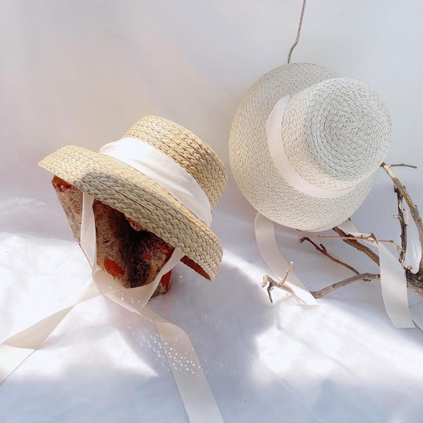 

summer children's monochrome streamer straw hat girls breathable raffia beach sun wide brim travel hats, Blue;gray