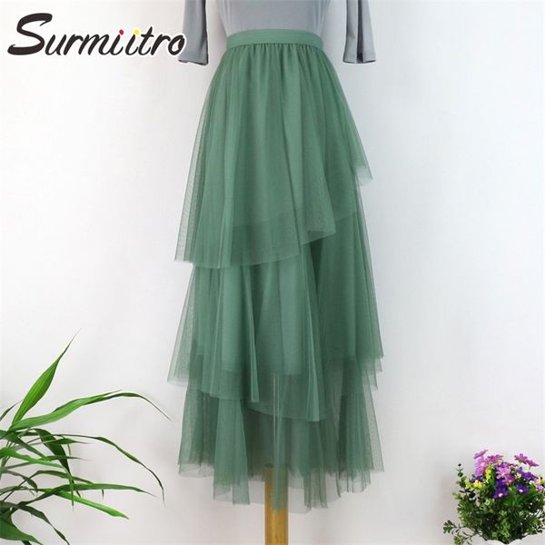 Весна лето нерегулярная длительная плиссированная тюль юбка женщин корейский стиль сетки высокой талии эстетики макси жемба 210421