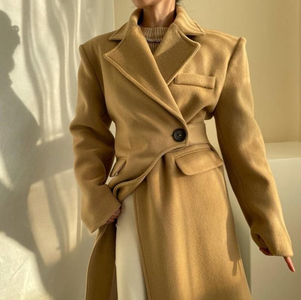 

women's wool & blends irregular button woolen thick coat long sleeve autumn winter 2021 female retro oloversized jacket warm korean sty, Black