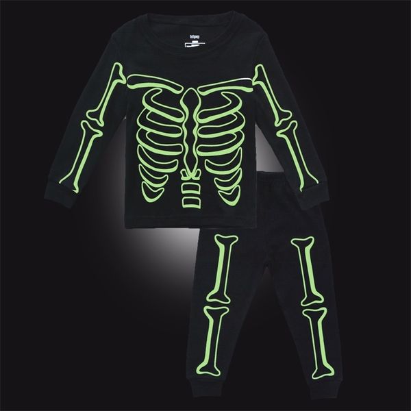 Biniduckling Boy Boy Pijamas Define Esqueleto Luminoso Impresso Algodão Manga Longa Sleepwear para Crianças Crianças Pijamas 211109