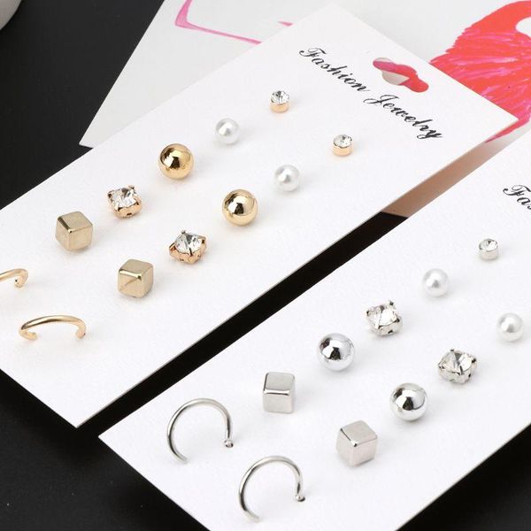 

stud 6 pairs pearl cz hoop studs irregular geometric assorted earrings set women, Golden;silver