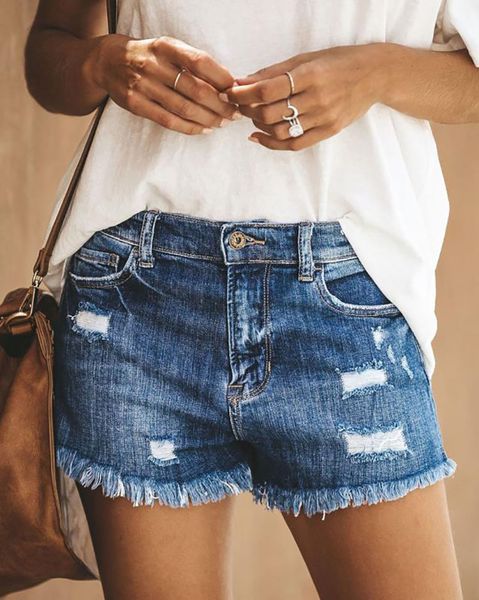 

fashion a pair of jeans summer trend tassel hole denim shorts, Blue