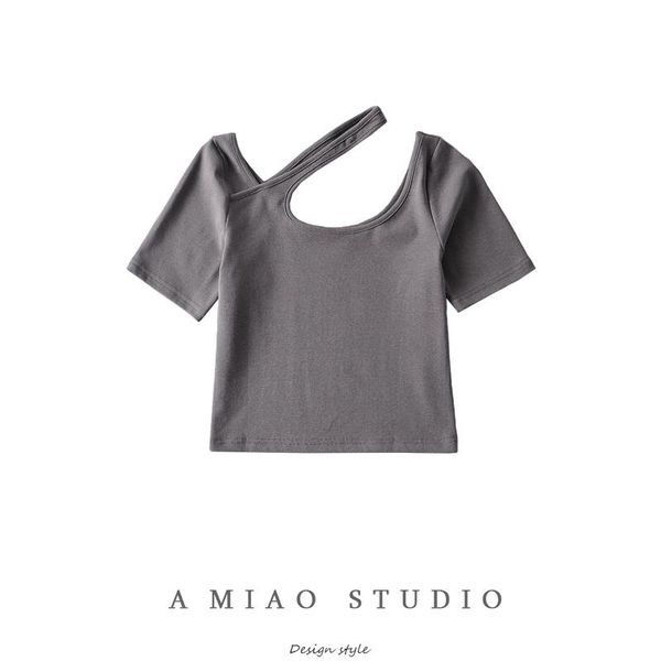 

women's t-shirt summer design sense niche short-sleeved pure desire style irregular neckline color tight midriff-baring, White