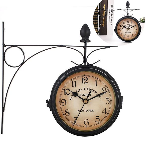 

wrought iron antique-look round wall hanging double sided faces retro station clock chandelier clocks