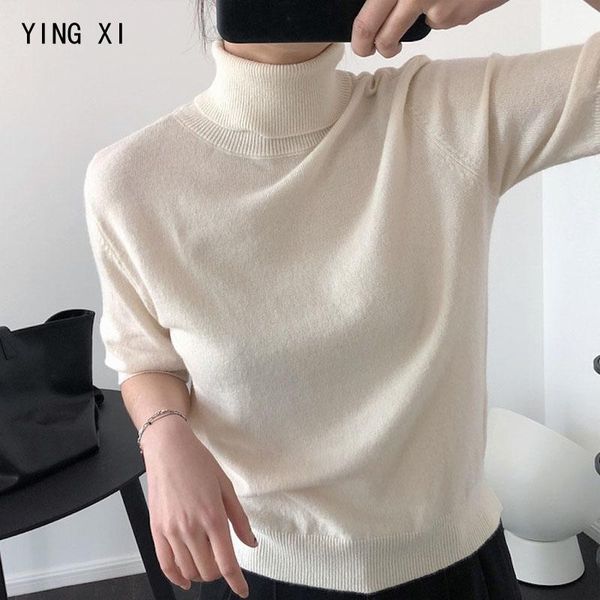 

women's sweaters ying xi 2021 spring loose short sleeve high neck women sweater style, White;black
