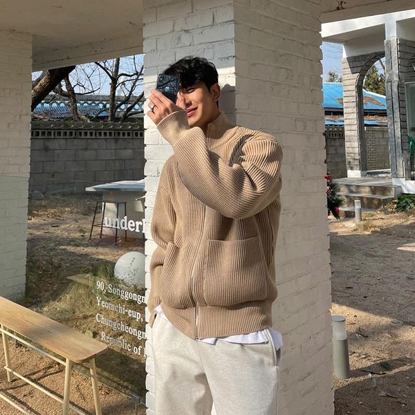 

men's sweaters korean sweater cardigan jacket trend winter thick solid color knit zipper ins hong kong style wild, White;black