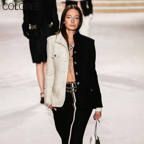 

runway designers white/black patchwork tweed jacket 2021 autumn winter fashion elegant buttons slim woolen coat women outwear women's w