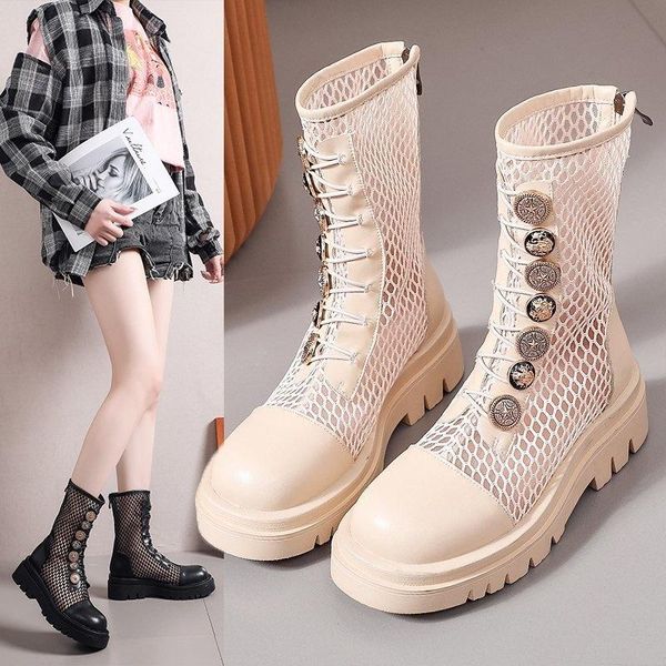 

sandals mesh hollow breathable boots women's 2021 summer thick bottom inner middle show thin fashion cool, Black