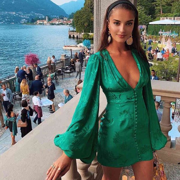 

inspired emerald green party dress playful pattern low cut front dress women puff sleeve mini fashion dress 210412, Black;gray