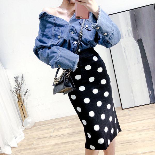 

skirts vintage chic polka dot knit women elegant retro flavor package hip jupe femme rokken office pencil high waist skirt 3z87, Black