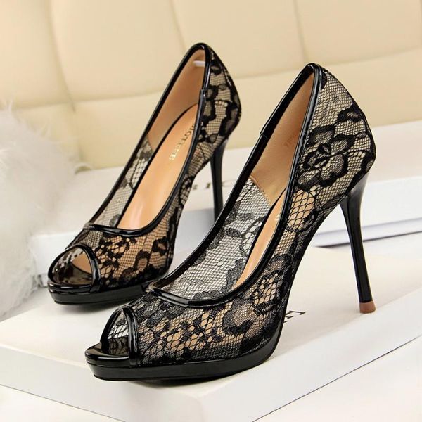 

autumn women cut-outs mesh party shoe peep toe flower lace fashion pumps shallow platform high heels shoes woman dress, Black