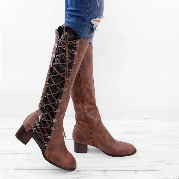 

boots monerffi knee-high women 2021 fashion frenulum square heels girl round head fastened female botas mujer1, Black