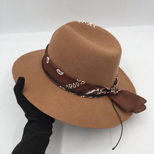

stingy brim hats winter wool khaki fedora for men and women hand-embroidered wide-brim european american, Blue;gray