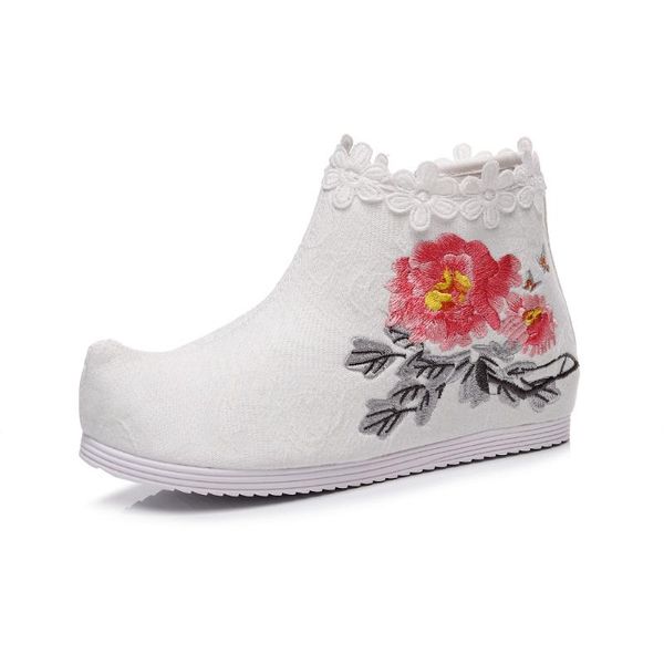 Stiefel chinesische frauen floral bestickte tuch schuhe herbst einzelner reißverschluss spitze kurze retro weiß hanfu