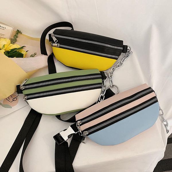 

women's fashion pockets chain diagonal bag pu matching blue waist bags