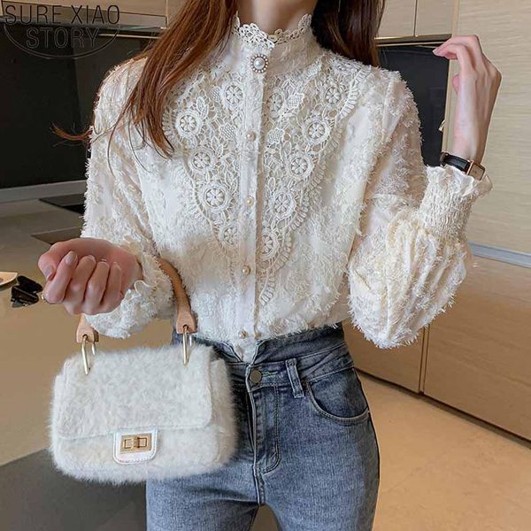 

women's blouses & shirts 2021 autumn stand collar lace blouse women shirt loose long lantern sleeve blusa mujer vintage casual clothes, White