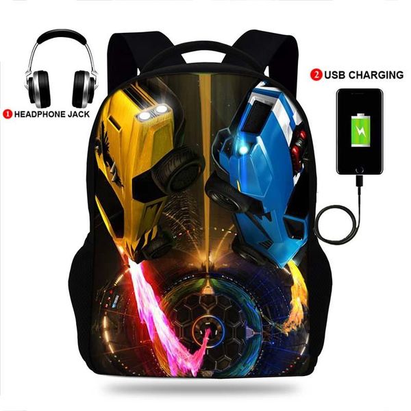 

backpack teen rocket leagueing bag travel usb charging with headphones hole student