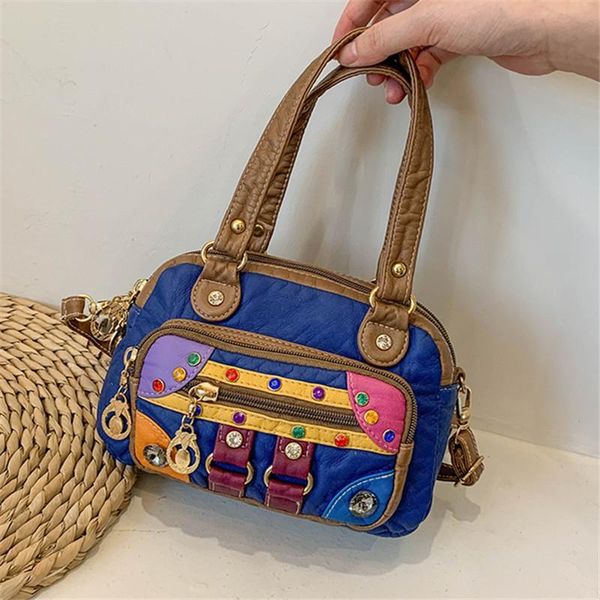 

contrast color washed leather women's shoulder bag rhinestone decoration crossbody bags female retro small tote handbag 2021 cross body