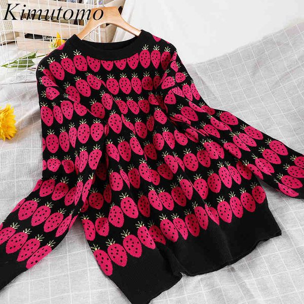 

kimutomo strawberry print sweater women o-neck long sleeve knitted pullover japanese style girls cute sweet fashion knitwear 210521, White;black
