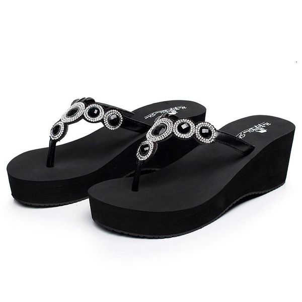 

slippers womens flip flops diamond flats beach shoes crystal outdoor platform sandals ladies casual fashion, Black