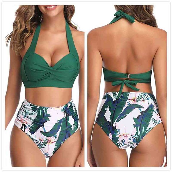 

high waist florial print tankini halter bikini set polka dot female swimwear ladies bathing suit plus size xxl, White;black