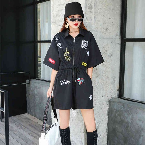 

sweaters thailand tide brand ladies dark retro heavy industry patch jumpsuit loose fat mm waist covering belly slimming shorts, White;black